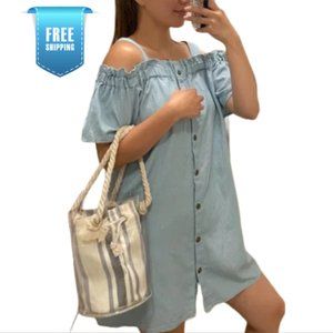 Summer Off the Shoulders Jean Style Blue Cotton Maternity Dress - Small to Large